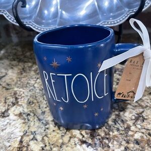 Rae Dunn 19.5 ounce deep blue REJOICE gold stars coffee mug - Brand new!